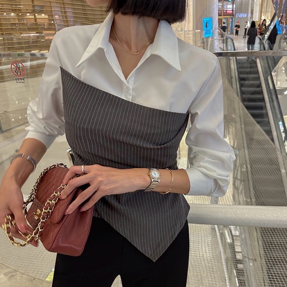 Commense White Button-Up With Gray Pinstripe Drap… - image 2